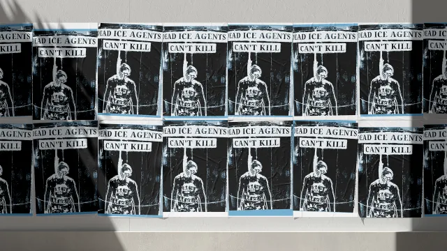 Images of posters at reading Penn State "Dead ICE Agents Cant Kill"